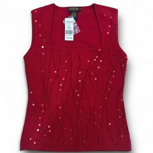 Vintage Red sequin sleeveless blouse with a beautiful neckline 90%silk